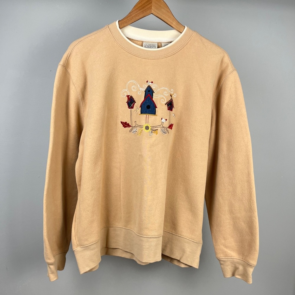 Classic Elements Crewneck Sweatshirt Womens‎ XL Grannycore Birdhouse Embroidered - Picture 2 of 5
